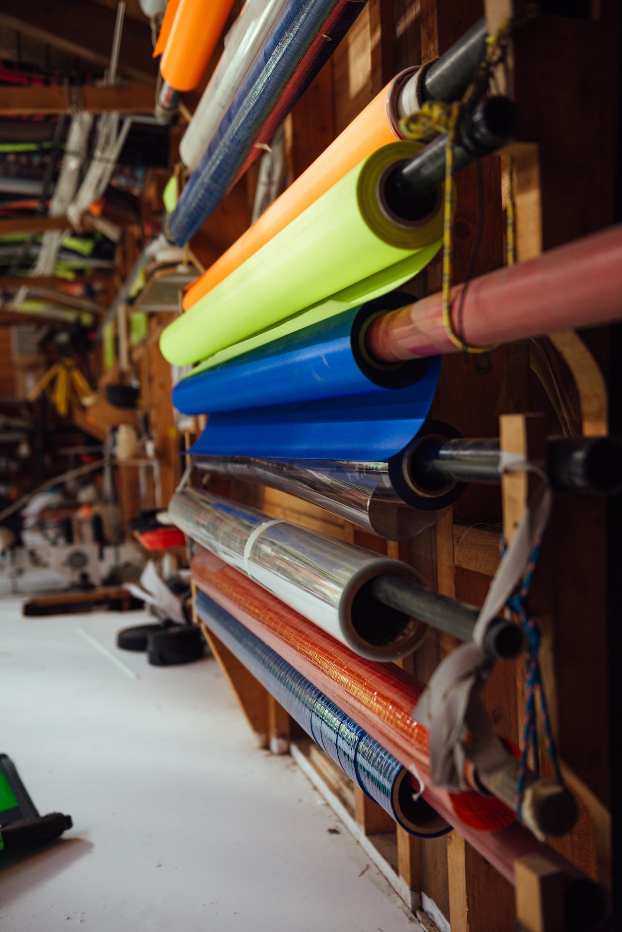 Windsurf sails material in a loft